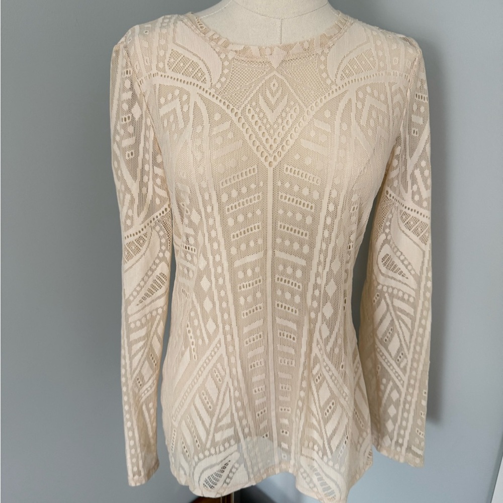 BCBGMAXAZRIA Beige Sheer Lace Long Sleeve Blouse | Boho Mesh Top |Size M